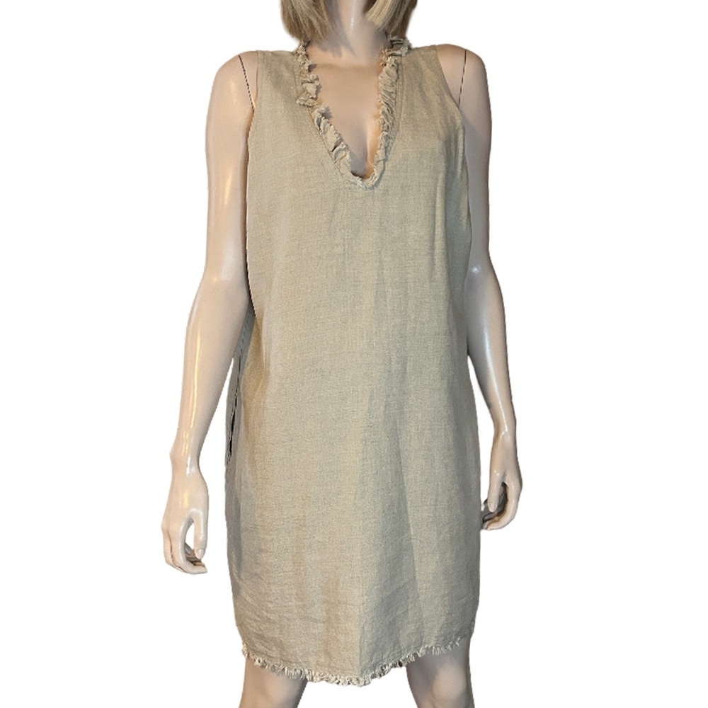 Tommy Bahama 100% Linen Shift Dress Raw Hem Fringe Detail Hip Pockets V-Neck